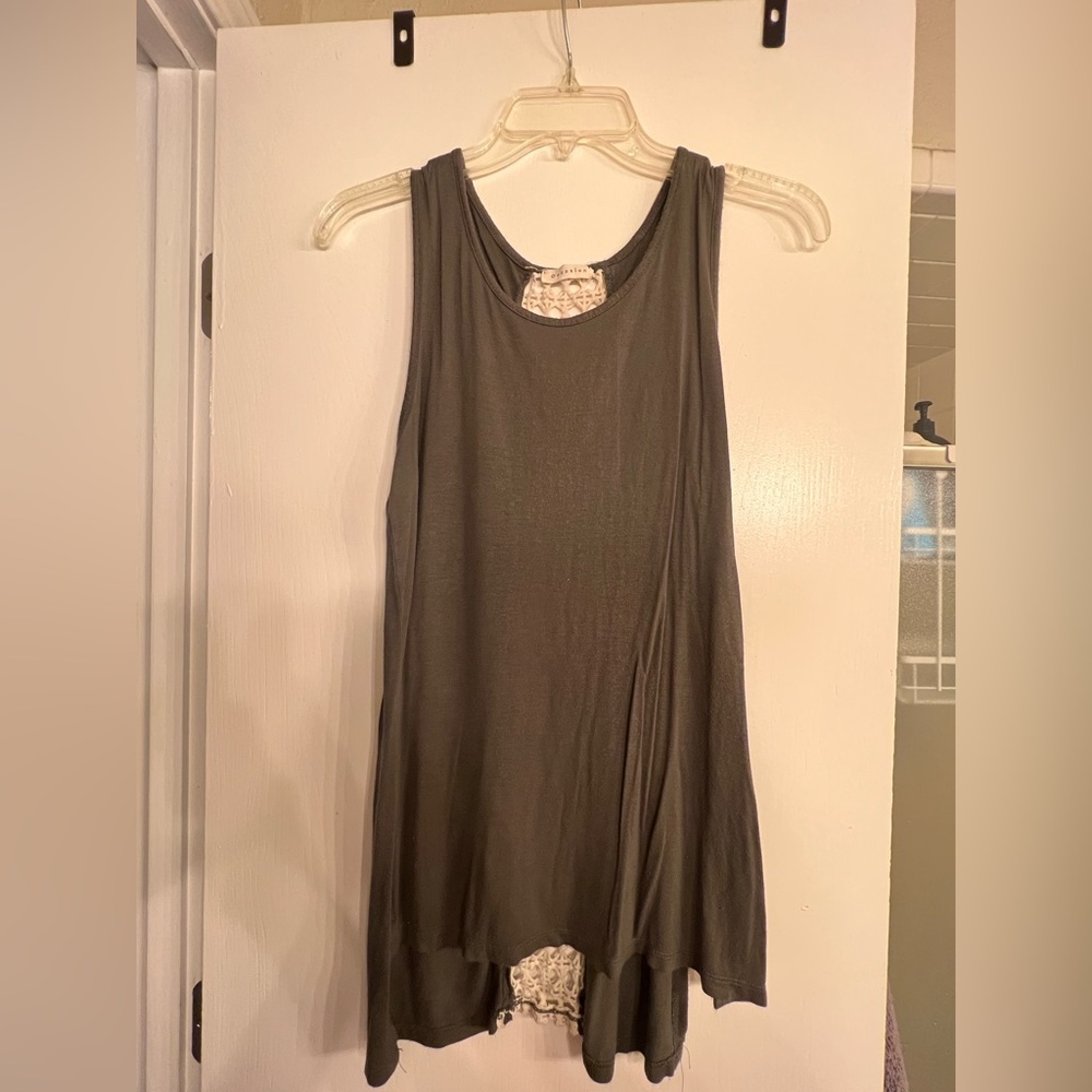 Small Long Olive Green Tank Top with See-through Knit Back